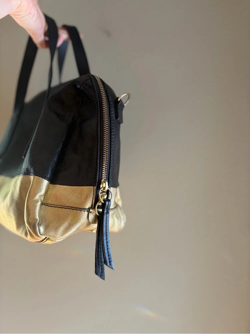 Fossil Black & Gold Colorblock Leather Satchel Bag